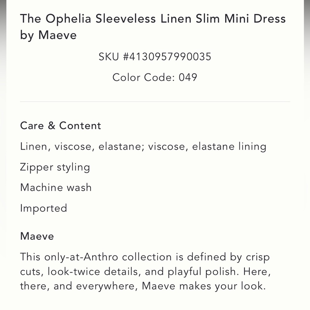 ✨ Anthropologie Ophelia Sleeveless Linen Slim Mini Dress - Picture 9 of 9